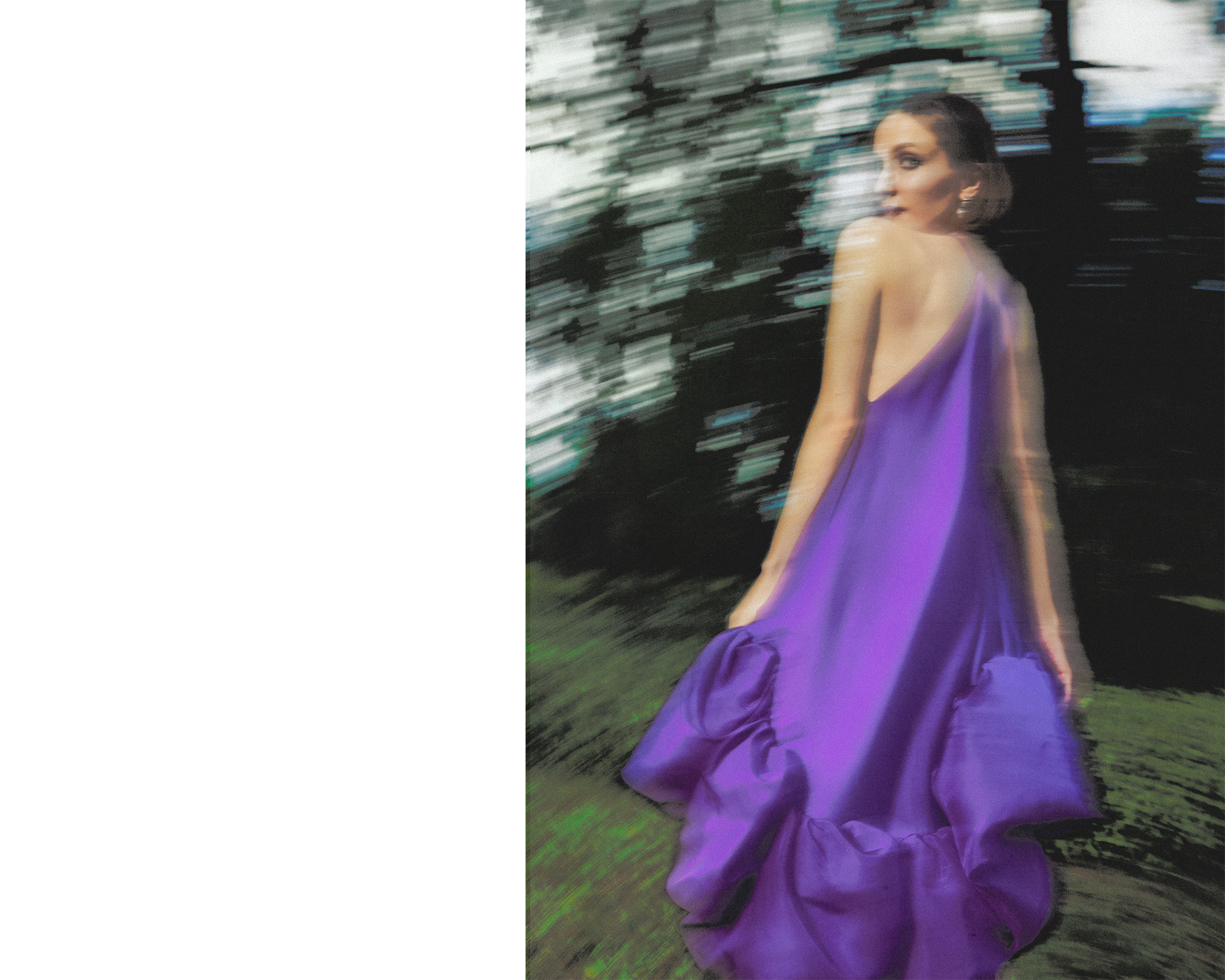 Maude Apatow photographed by Dana Trippe for Who What Wear. She is in motion wearing a purple Balenciaga dress.