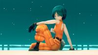A women in an orange jumpsuit sits on a ledge in a stylised video game