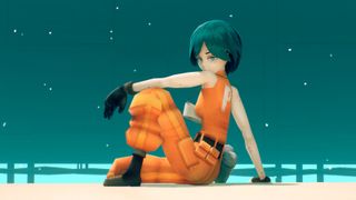 A women in an orange jumpsuit sits on a ledge in a stylised video game