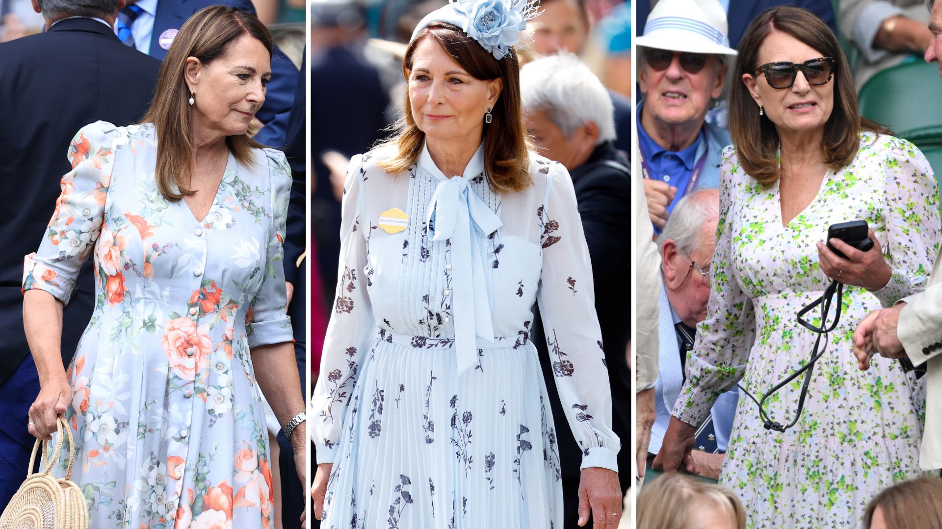 Composite of three pictures of Carole Middleton wearing floral dresses
