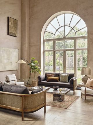 A living room with lime wash walls