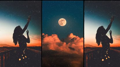 when is the next full moon feature image; full moon in a blue and pink sky next to a woman's silhouette on the right and left side