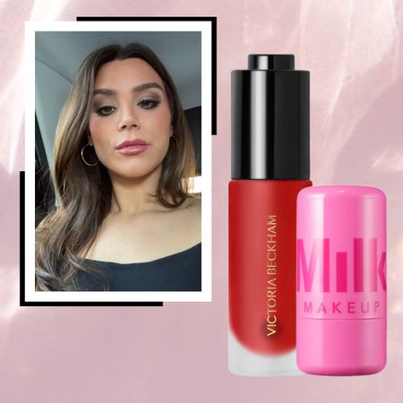 blush tints and stains on a pink background next to a brunette woman with smokey eye makeup