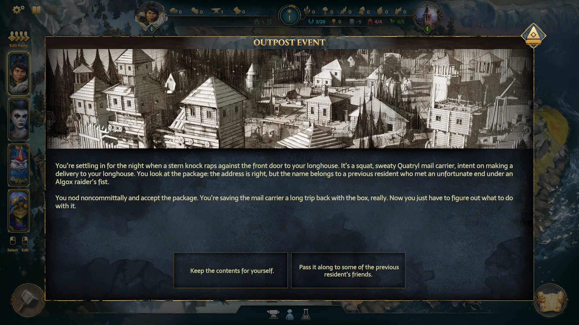 A block of text with an illustration of a town above it occupies the center of the frame, with two choices visible at the bottom