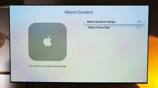 A tvOS menu in the Apple TV 4K for Match Content settings for Dynamic Range and Frame Rate.