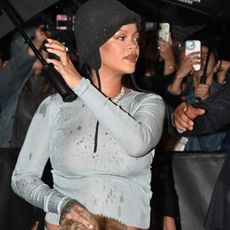 Rihanna at The Carlyle Hotel before the 2025 Met Gala: "Superfine: Tailoring Black Style" held at the Metropolitan Museum of Art on May 5, 2025 in New York, New York. 