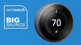 Google Nest Learning Thermostat (3rd Gen) on blue background with white text reading &#039;TechRadar Big Savings&#039;