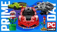 A selection of Lego model kits on a blue and red background with Prime Day text down the side, and the PC Gamer logo in the bottom right