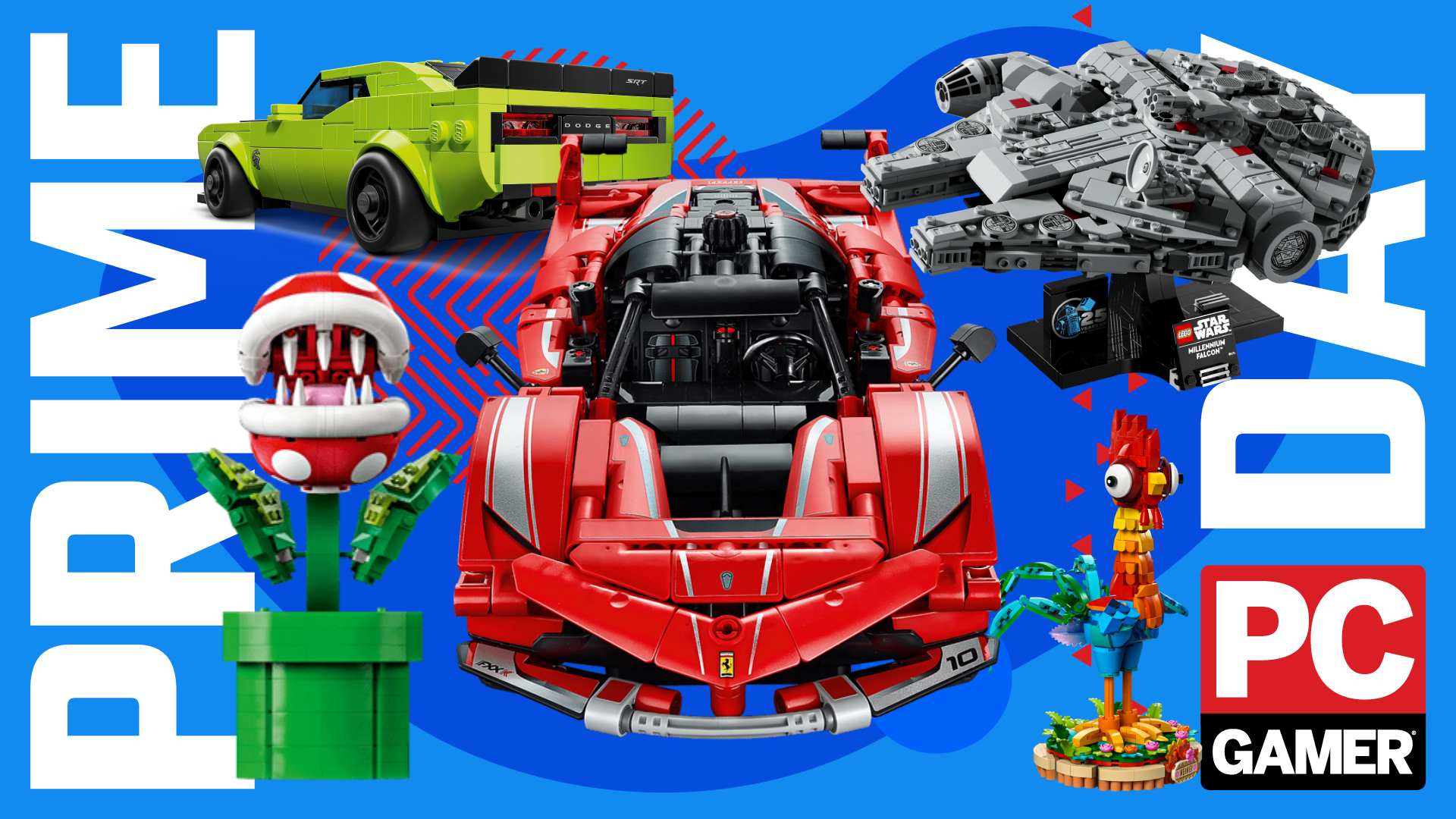 A selection of Lego model kits on a blue and red background with Prime Day text down the side, and the PC Gamer logo in the bottom right