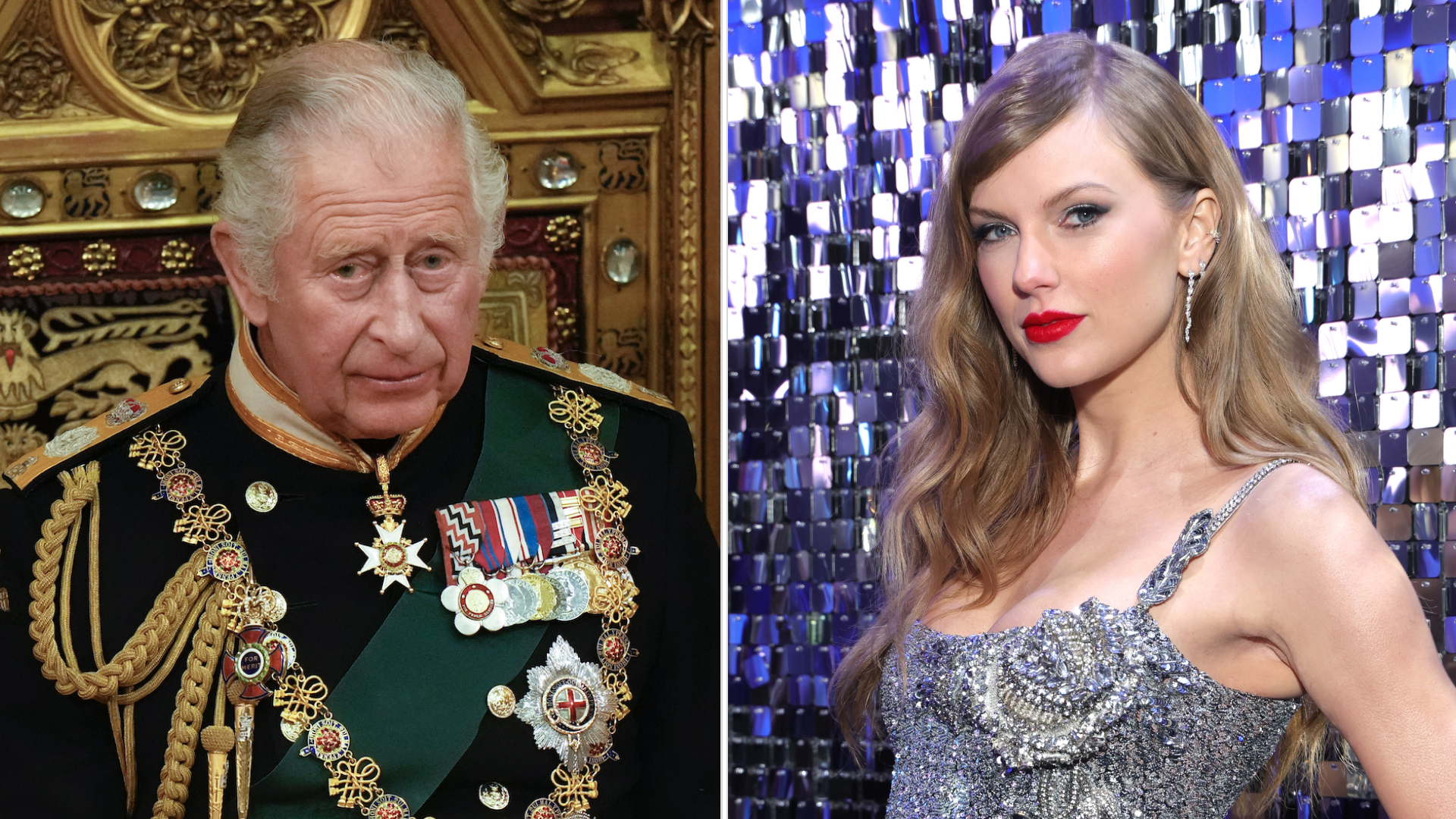 King Charles wears military uniform and sits on a gold throne, Taylor Swift wears a silver dress and has red lipstick