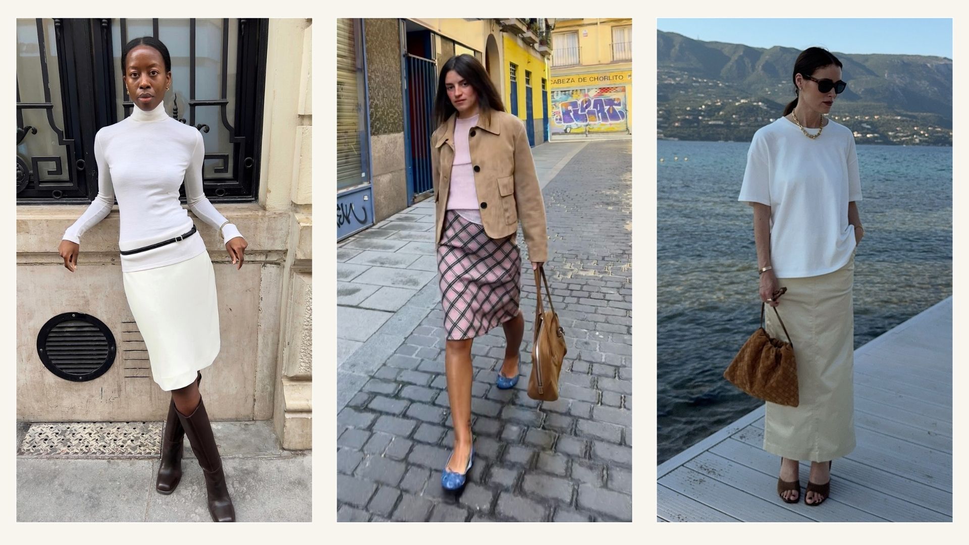 Collage of influencers wearing 90s skirt trends.