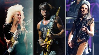 Jennifer Batten plays an Ibanez S-style during a Michael Jackson show, George Lynch plays his tiger stripe ESP, and Nuno Bettencourt plays his Washburn signature model live with Extreme.