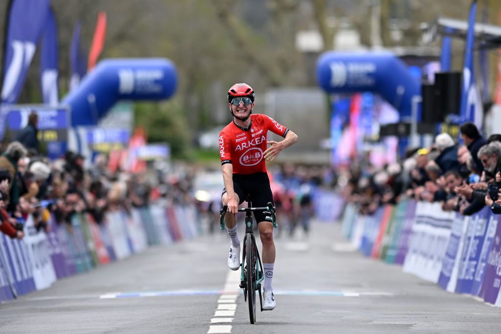 SAUMUR FRANCE APRIL 03 Ewen Costiou of France and Team Arkea BB Hotels celebrates at finish line as stage winner during the 70th Region Pays de la Loire Tour 2024 Stage 2 a 1621km stage from Chateaubriant to Saumur on April 03 2024 in Saumur France Photo by Dario BelingheriGetty Images