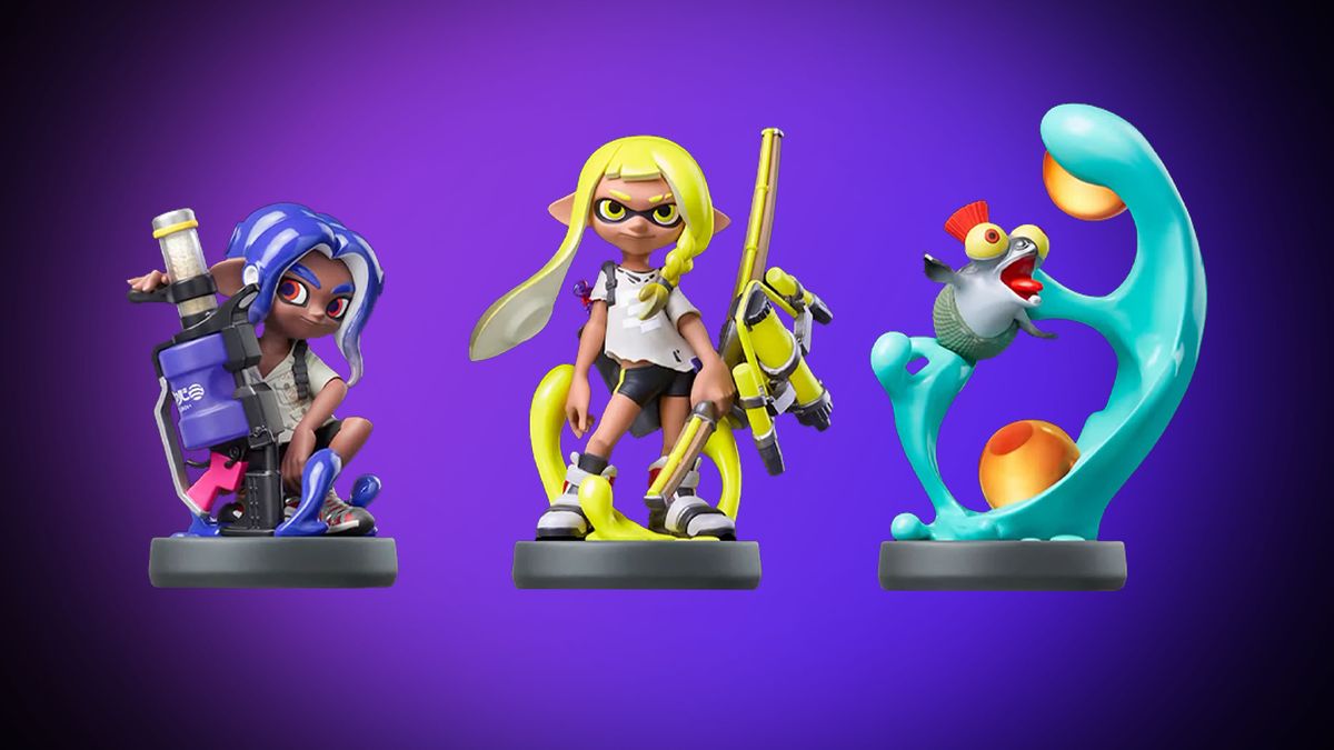 The three new Splatoon 3 amiibo on a blue and purple background.