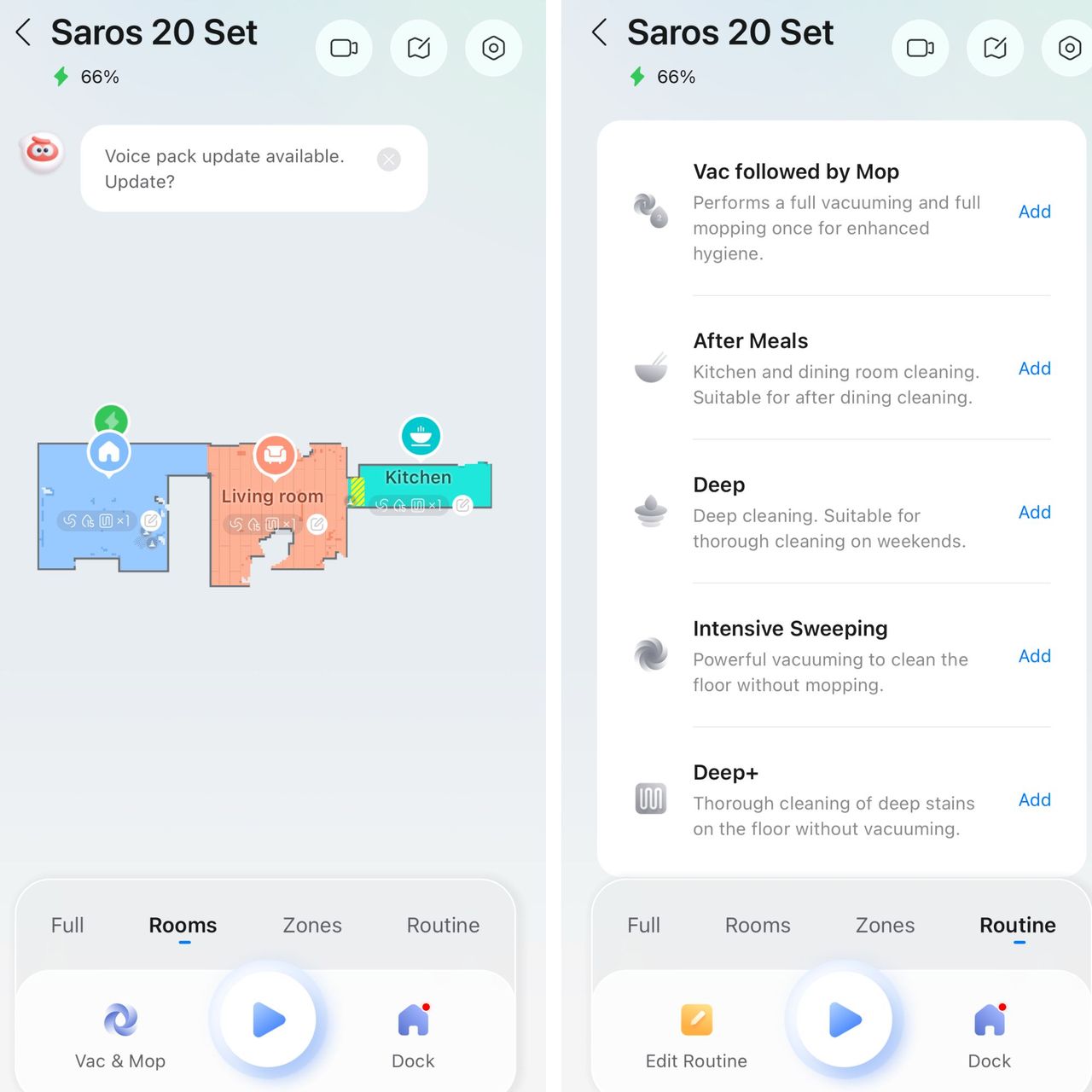 Screenshots of the Roborock app, showing a map of a house and cleaning setting options
