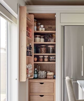 Close up of slim gray pantry in kitchen