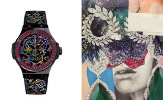 Left, a watch with a black face and strap with a colourful pattern of jewels all over it. Right, a pencil drawing of a woman's face decorated with real jewels.