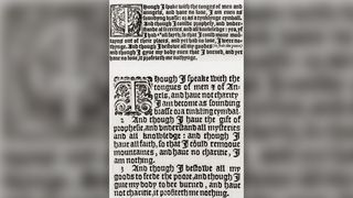 A comparison between Tyndale's Bible, 1528: I Corinthians, chapter 13, 1-3, (top) and the King James Version, 1611: I Corinthians, chapter 13, 1-3, (bottom).