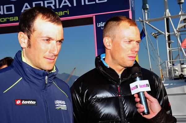 Ivan Basso and Thor Hushovd speak to the media.