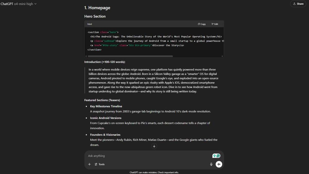 ChatGPT results from complex prompt to create Android History website