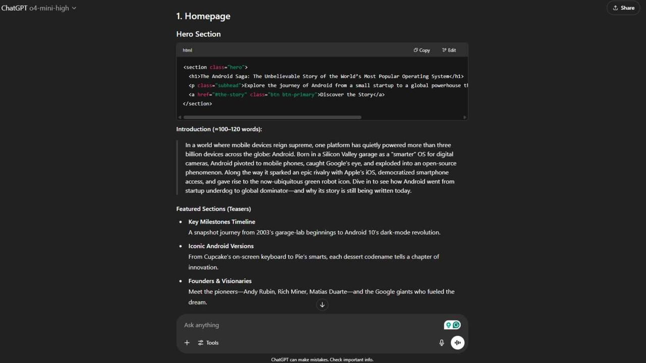 ChatGPT results from complex prompt to create Android History website