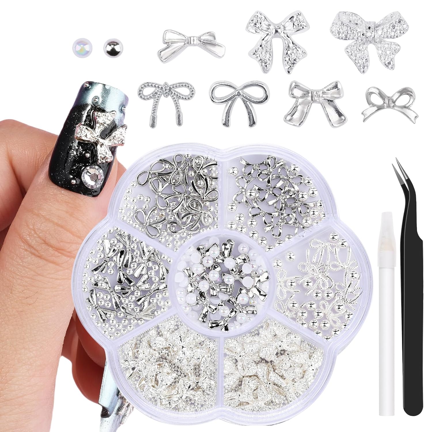3d Metal Alloy Nail Bows Kit - Silver &amp;amp; Gold Bowknot Charms With 1-3mm Mini Caviar Beads, Tweezers, Pickup Pencil, Cute Nail Charms and Gems Jewelry in Petal-Shaped Box (silver-Kit-2)