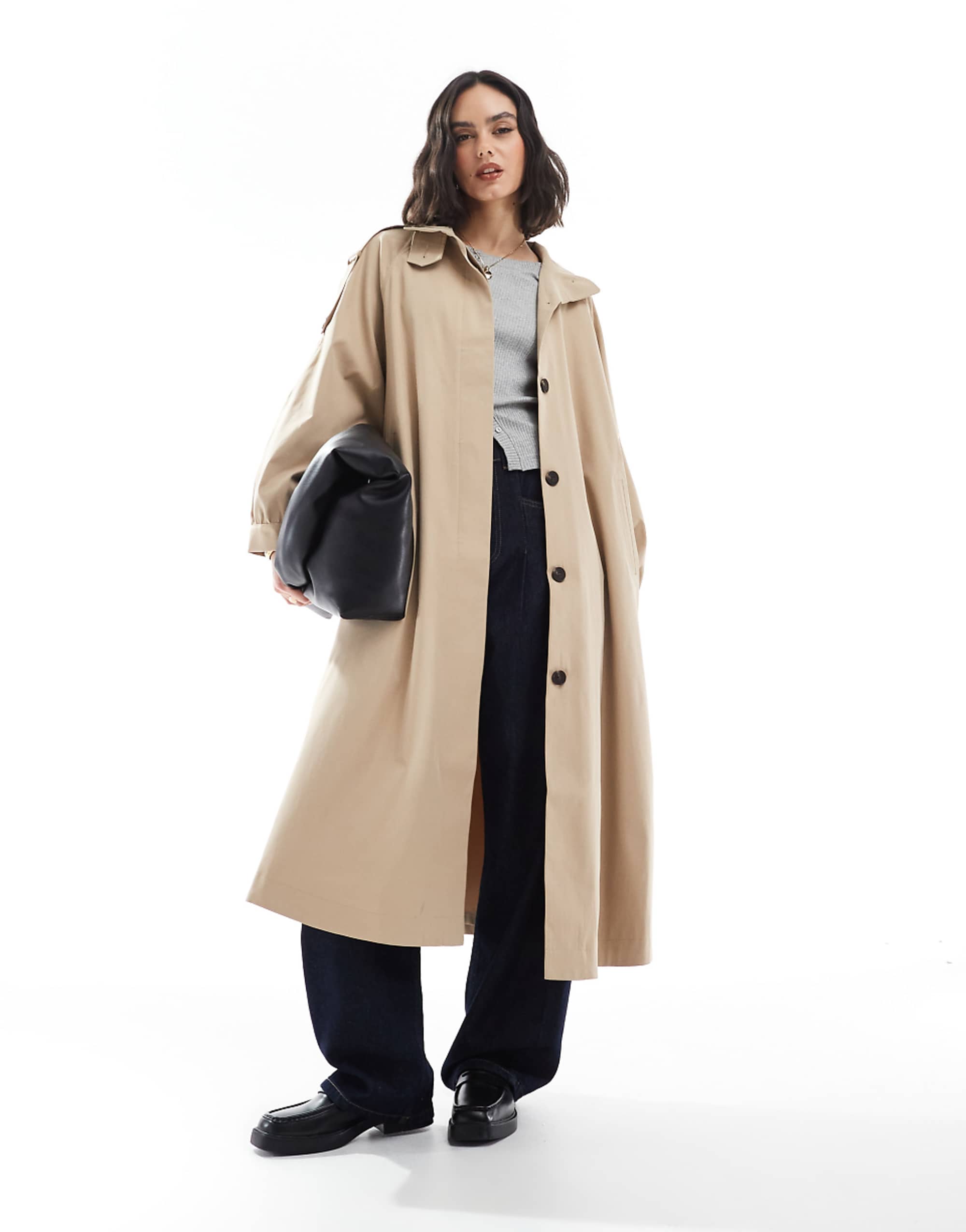Asos Design Funnel Neck Longline Trench Coat in Stone