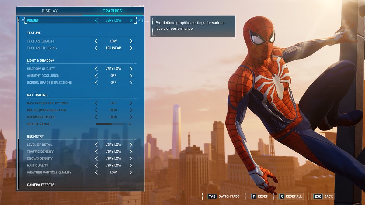 Spider-Man Remastered settings
