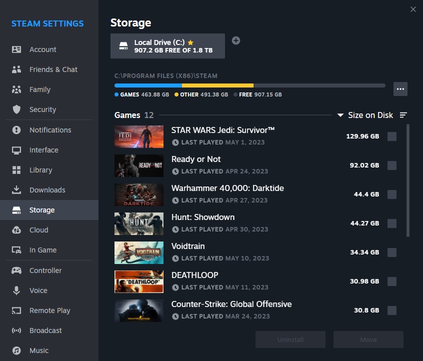 Steam storage manager screen