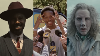 Side by side by side of Michael B. Jordan grimacing in Sinners, Marlon Wayans overwhelmed talking to anchors in Scary Movie and Nicholas Cage dead-eyed all in white in Longlegs.