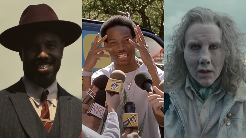 Side by side by side of Michael B. Jordan grimacing in Sinners, Marlon Wayans overwhelmed talking to anchors in Scary Movie and Nicholas Cage dead-eyed all in white in Longlegs.