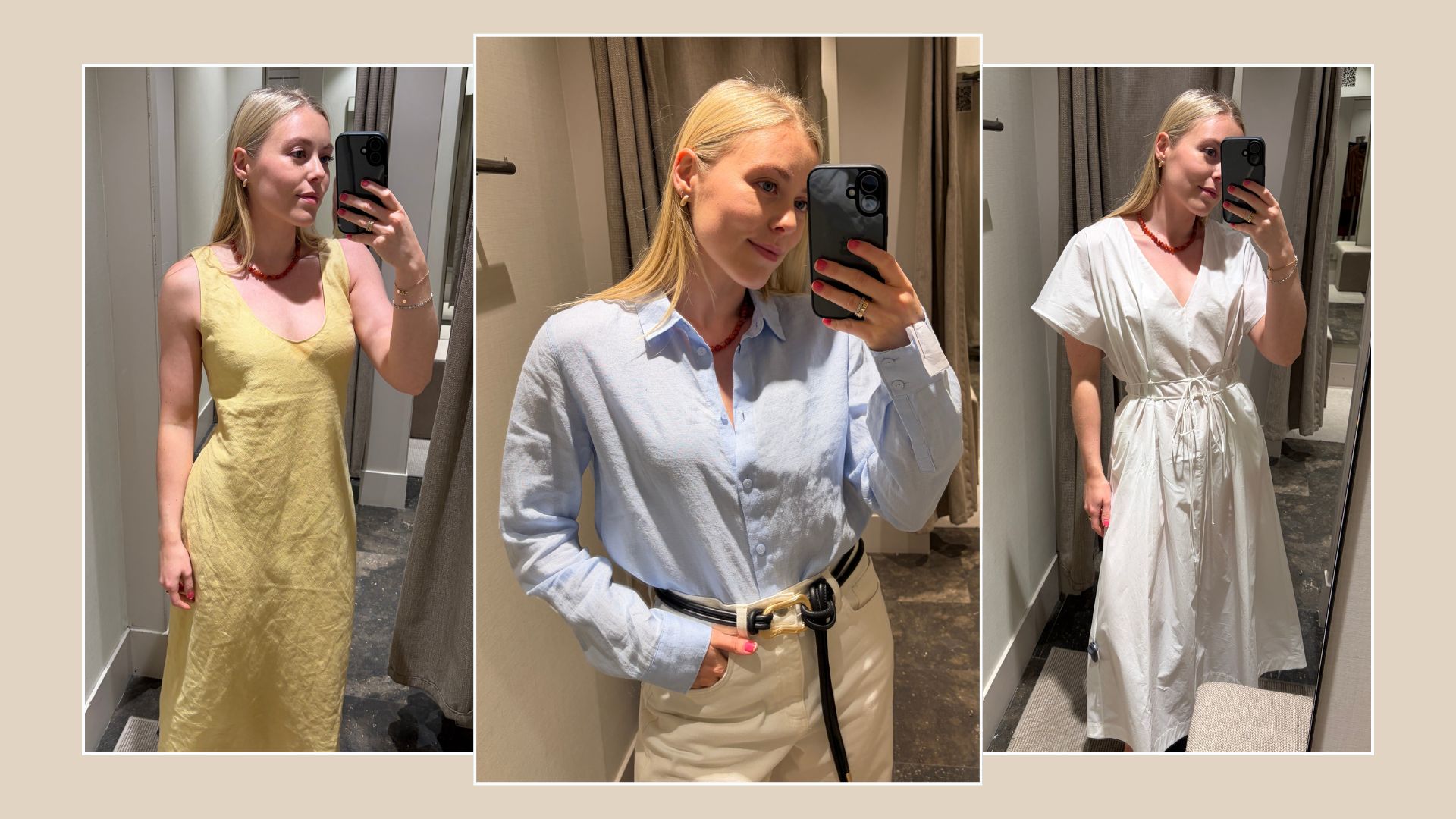 Woman wears yellow dress; woman wears blue shirt and white jeans; woman wears white dress