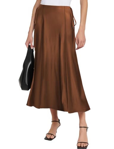 Sebowel Women Satin Maxi Long Skirt Silk Side Tie a Line Swing Midi Skirt Elegant Flowy Ruffle Pleated Cocktail Party Skirts, Brown, L