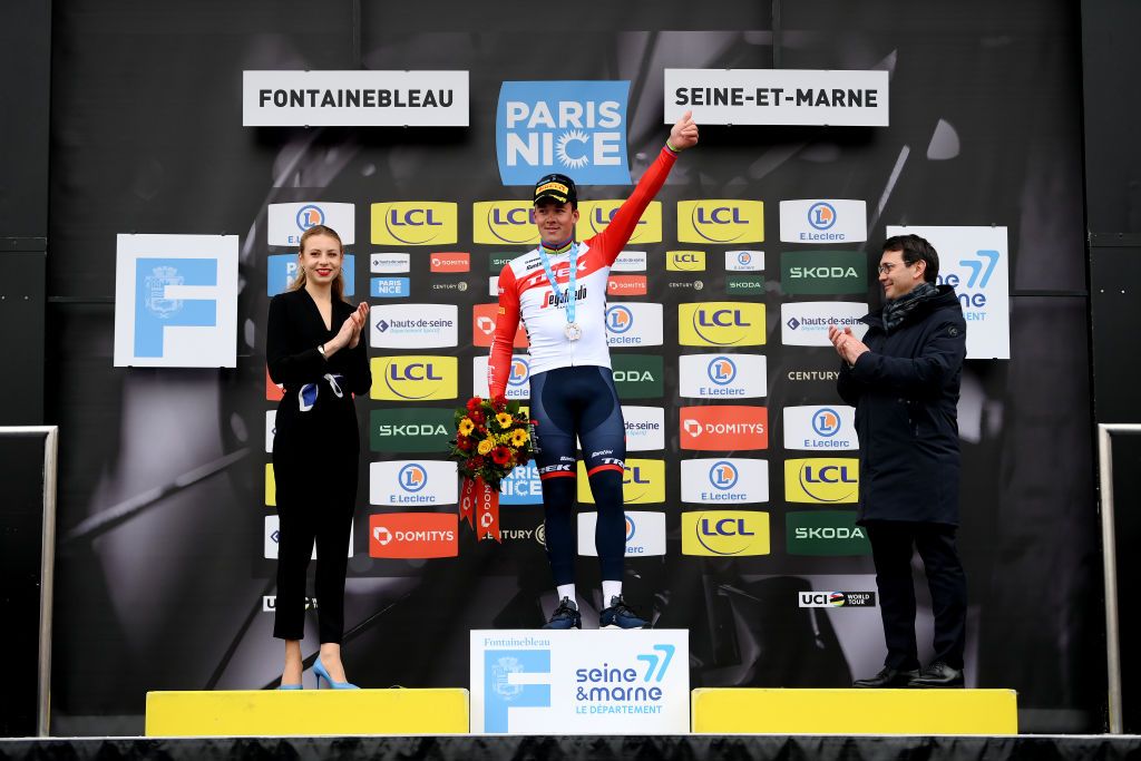 FONTAINEBLEAU FRANCE MARCH 06 Mads Pedersen of Denmark and Team TrekSegafredo celebrates at podium as stage winner during the 81st Paris Nice 2023 Stage 2 a 1637km stage from Bazainville to Fontainebleau ParisNice on March 06 2023 in Fontainebleau France Photo by Alex BroadwayGetty Images