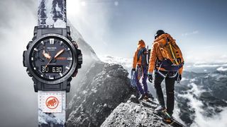 Casio Pro-Trek PRW-61MA watch superimposed over two people hiking on mountain