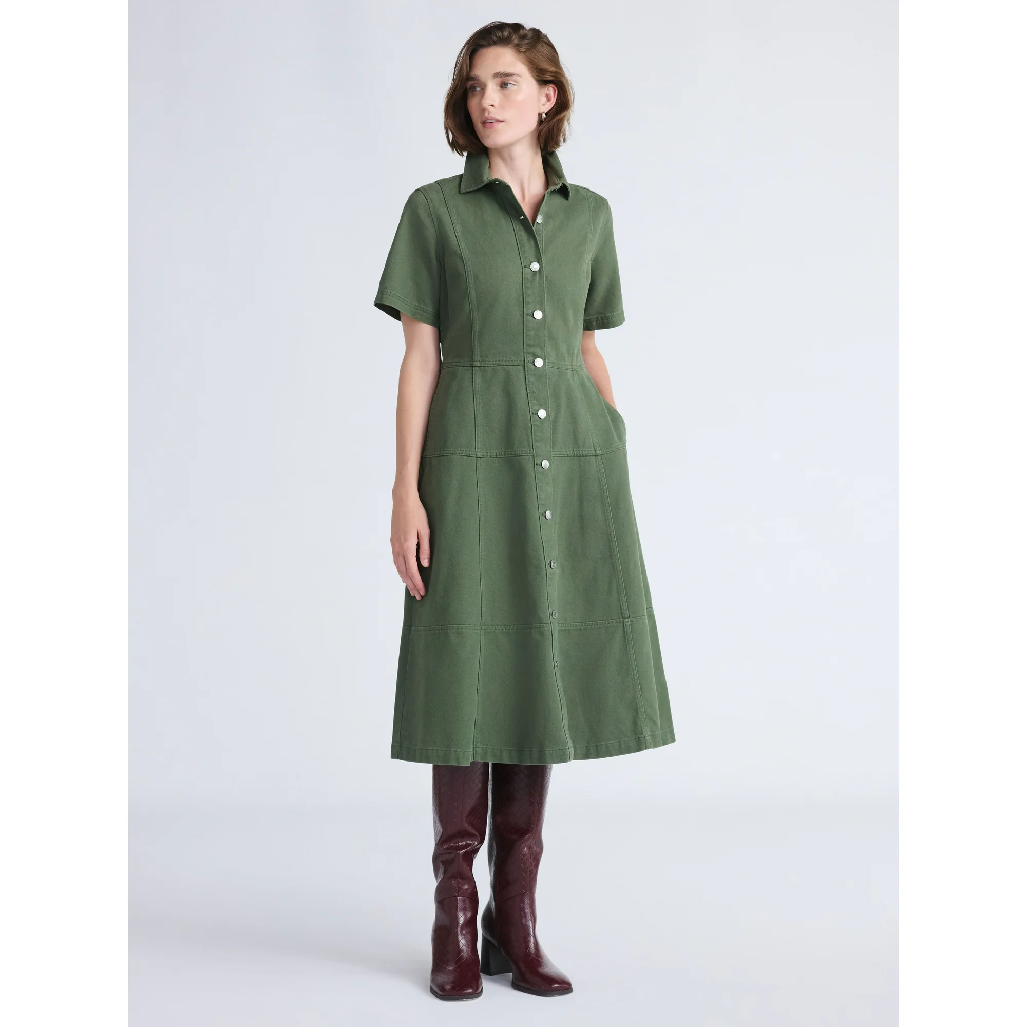 Free Assembly, Free Assembly Women's Button Front Midi Dress With Short Sleeves, Xs-Xxl