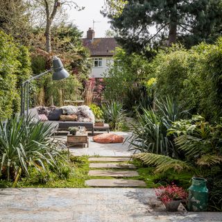 garden area with grey sofa and plants
