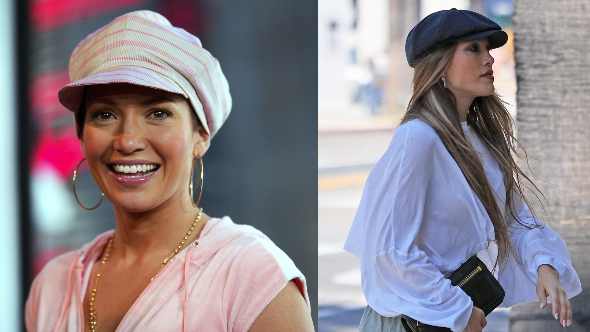 Jennifer Lopez wore baggy bottoms, a billowy blouse, and a newsboy cap