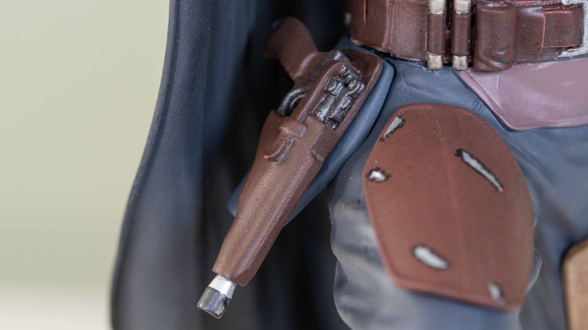 A close-up of the blaster holster detail on the Gentle Giant Mandalorian 1:7 scale statue