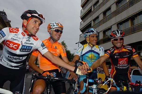 Four of the Olympic Spanish team members: Carlos Sastre (CSC-Saxo Bank), Samuel S&aacute;nchez (Euskaltel-Euskadi), Alberto Contador (Astana) and Alejandro Valverde (Caisse d'Epargne) (l-r).