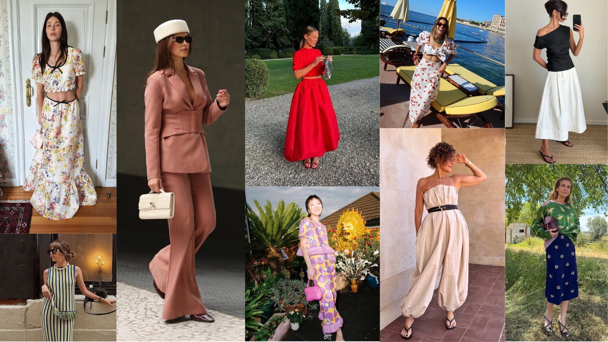 a collage of stylish influencers wearing wedding guest outfits that aren't dresses