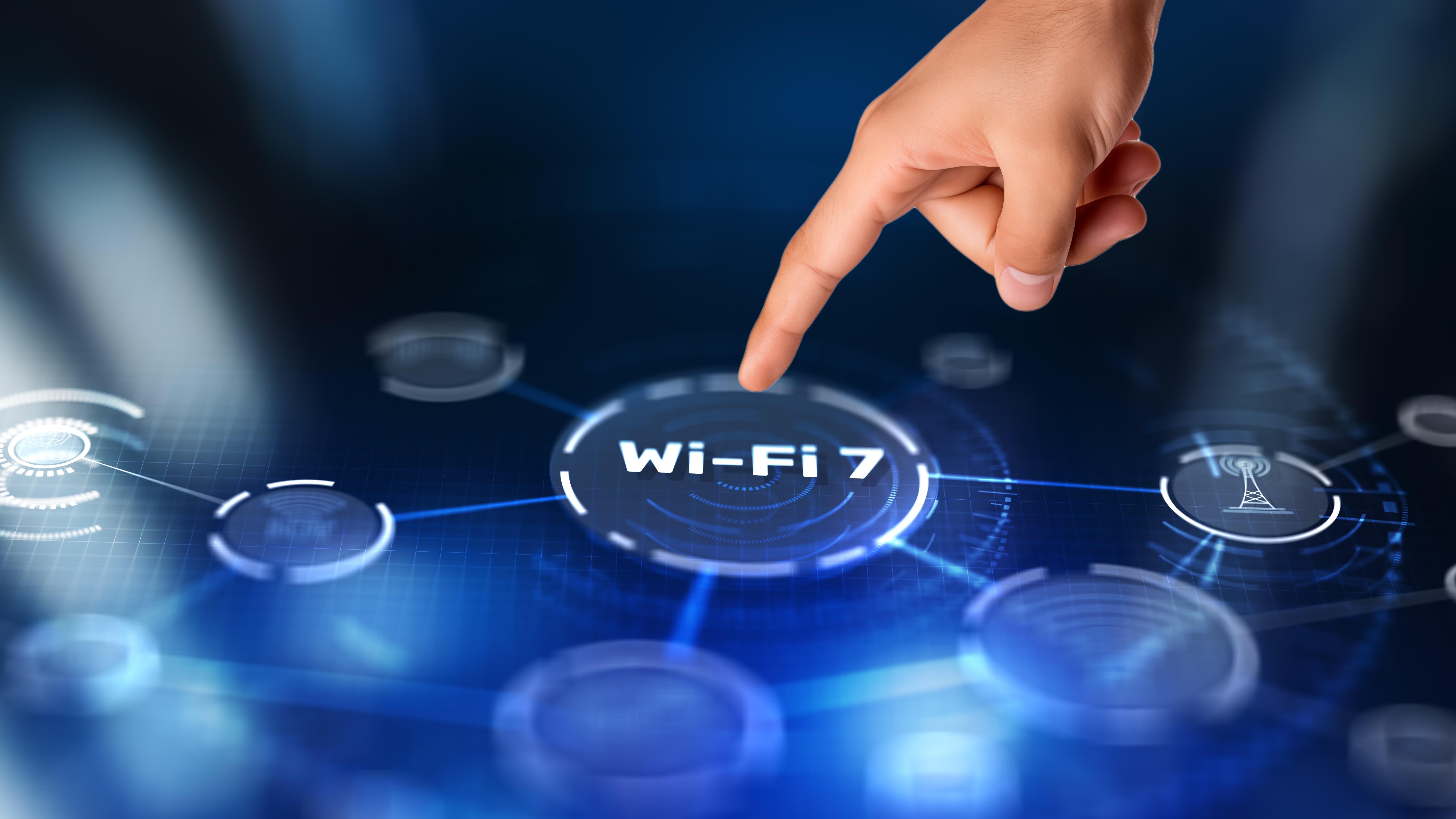 A finger pointing at a blue screen with the text &quot;Wi-Fi 7&quot;