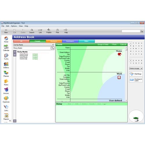 The address book holds extensive information about your clients and even includes their personal histories with you.