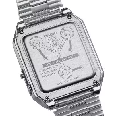Casio Back to the Future limited edition calculator watch from different angles
