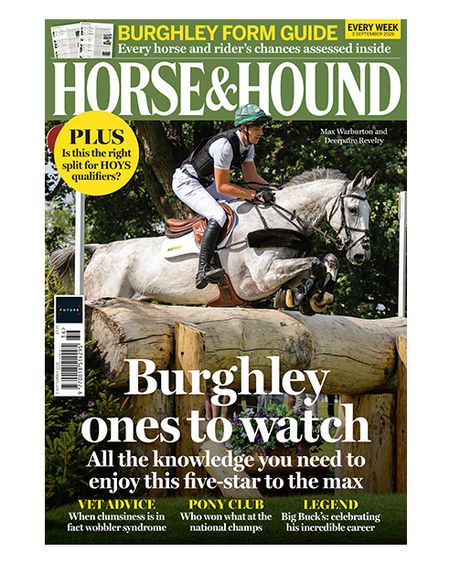 The H&H magazine cover of a grey event horse jumping a large hanging log with cover lines "Burghley ones to watch" and "Burghley form guide"