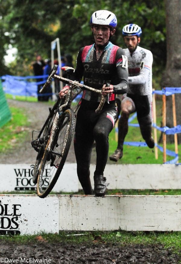 Zach McDonald (Rapha Focus) opening a lead on Field at the barriers