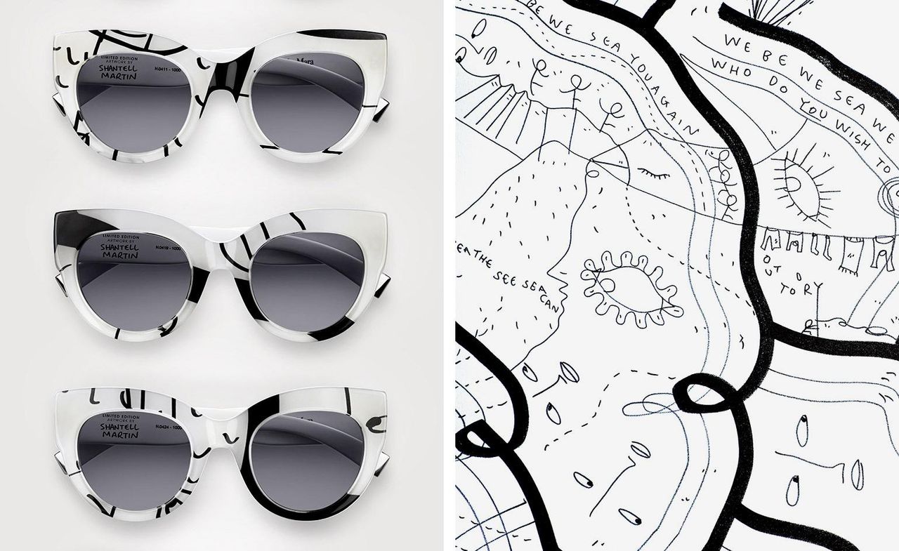 On the left, we see three sunglasses, with white frames and black details. To the right, we see a black &amp; white line art detail.