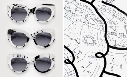 On the left, we see three sunglasses, with white frames and black details. To the right, we see a black & white line art detail.