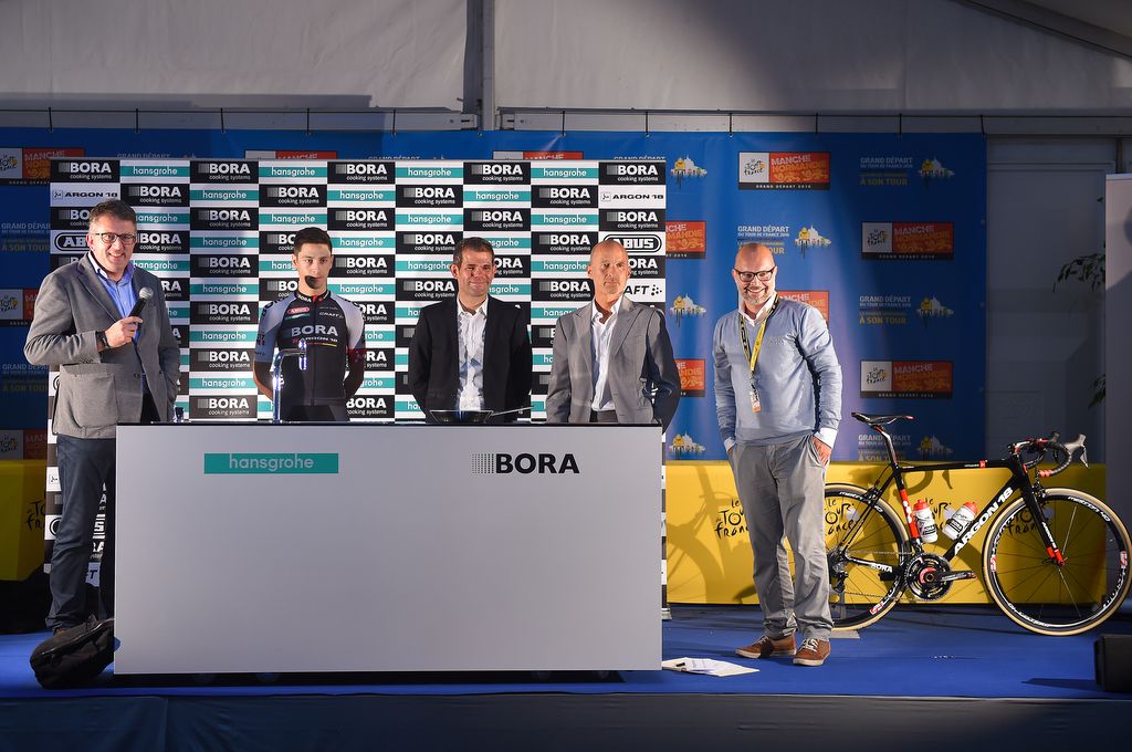 Managing Director BeLux at Hansgrohe Philippe Harinck, Bora-Argon 18 team manager Ralph Denk, Bora founder Willi Bruckbauer