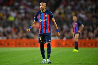 Barcelona's Gabonese midfielder Pierre-Emerick Aubameyang stands on the pitch during the Spanish league football match between FC Barcelona and Rayo Vallecano de Madrid at the Camp Nou stadium in Barcelona on August 13, 2022.